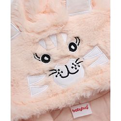 Babyhug Fur Woven Full Length Romper with Full Sleeves and Cat Face Embroidery - Peach