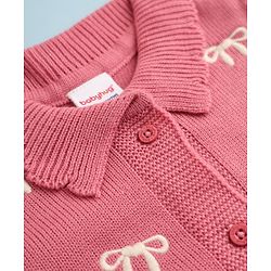 Babyhug Knit Front Open Full Sleeves Polo Collared Sweater with Bow Embroidery - Dark Pink