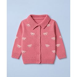 Babyhug Knit Front Open Full Sleeves Polo Collared Sweater with Bow Embroidery - Dark Pink