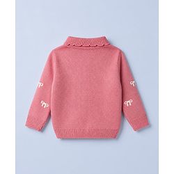 Babyhug Knit Front Open Full Sleeves Polo Collared Sweater with Bow Embroidery - Dark Pink