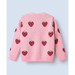 Babyhug Knit Front Open Sweater with Full Sleeves and Strawberry Design in Pink