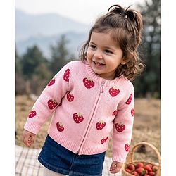 Babyhug Knit Front Open Sweater with Full Sleeves and Strawberry Design in Pink