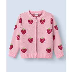Babyhug Knit Front Open Sweater with Full Sleeves and Strawberry Design in Pink