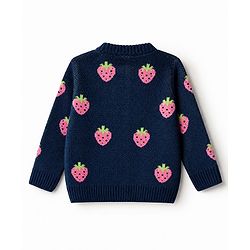 Babyhug Knit Front Open Sweater with Full Sleeves and Strawberry Design in Navy Blue