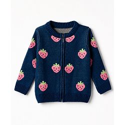 Babyhug Knit Front Open Sweater with Full Sleeves and Strawberry Design in Navy Blue