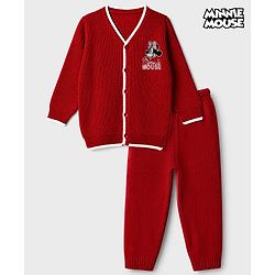 Babyhug Disney 100% Cotton Knit Full Sleeves Sweater Set with Minnie Mouse Detailing - Maroon