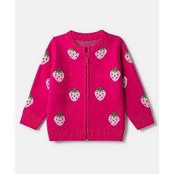 Babyhug Knit Front Open Sweaters with Full Sleeves and Strawberry Design in Pink