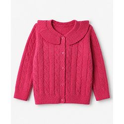 Babyhug Knit Full Sleeve Front Open Sweater with Cable Knit Design - Dark pink