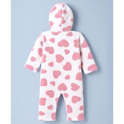 Babyhug Fur Woven Full Sleeves Hooded Winter Wear Romper With Heart Design - Pink