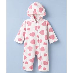 Babyhug Fur Woven Full Sleeves Hooded Winter Wear Romper With Heart Design - Pink