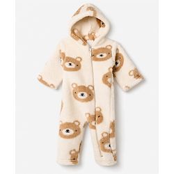 Babyhug Fur Woven Full Sleeves Hooded Winter Wear Romper With Teddy Bear Design - Cream & Brown