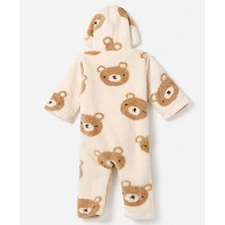Babyhug Fur Woven Full Sleeves Hooded Winter Wear Romper With Teddy Bear Design - Cream & Brown
