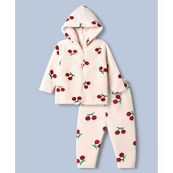 Babyhug Fur Woven Front Open Full Sleeves Hooded T-Shirt and Leggings with Cherry Print - Red & White