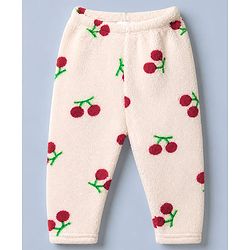 Babyhug Fur Woven Front Open Full Sleeves Hooded T-Shirt and Leggings with Cherry Print - Red & White