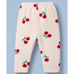 Babyhug Fur Woven Front Open Full Sleeves Hooded T-Shirt and Leggings with Cherry Print - Red & White