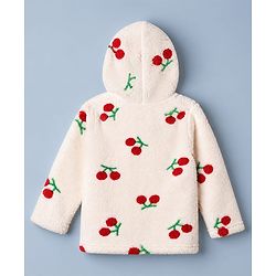 Babyhug Fur Woven Front Open Full Sleeves Hooded T-Shirt and Leggings with Cherry Print - Red & White