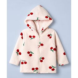 Babyhug Fur Woven Front Open Full Sleeves Hooded T-Shirt and Leggings with Cherry Print - Red & White