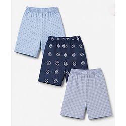 Babyhug Cotton Poplin Woven Above Knee Length Boxers With Floral Print Pack of 3 - Navy Blue, Light Blue & Grey