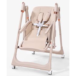 Babyhug Smart 3-in-1 High Chair with Baby Swing - Beige| Adjustable Height| Dual Feeding Tray| Reclining Backrest & Footrest| 5-Point Safety Harness| Foldable Feeding Chair