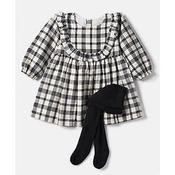 Babyhug Cotton Woven Full Sleeves Frock with Leggings and Checks Print - White