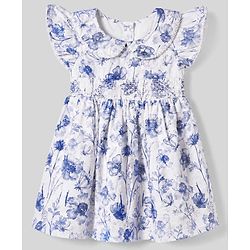 Babyhug Cotton Woven Half Frill Sleeves Floral Printed Frock - Blue