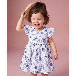 Babyhug Cotton Woven Half Frill Sleeves Floral Printed Frock - Blue