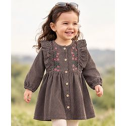 Babyhug Corduroy One Piece Dress with Full Sleeves and Floral Embroidery in Brown