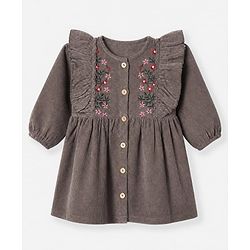 Babyhug Corduroy One Piece Dress with Full Sleeves and Floral Embroidery in Brown