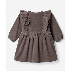Babyhug Corduroy One Piece Dress with Full Sleeves and Floral Embroidery in Brown