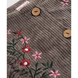 Babyhug Corduroy One Piece Dress with Full Sleeves and Floral Embroidery in Brown