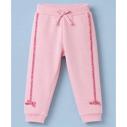 Babyhug Cotton Mix Knit Full Length Lounge Pants with Bow Applique in Pink