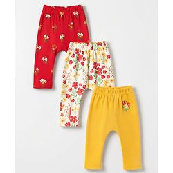 Babyhug Cotton Interlock Knit Diaper Leggings With Floral Print Pack of 3 - Red & Yellow