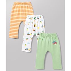 Babyhug Cotton Knit Lull Length Striped Diaper Leggings with Tractor & Carrot Print Pack of 3 - Light Orange, White, Light Green