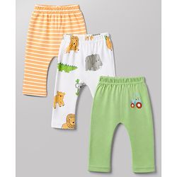 Babyhug Cotton Knit Lull Length Striped Diaper Leggings with Tractor & Elephant Lion Koala Crocodile Print Pack of 3 - Light Orange, White, Light Green