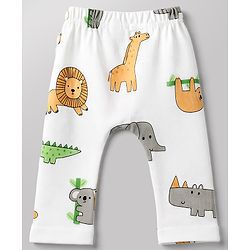 Babyhug Cotton Knit Lull Length Striped Diaper Leggings with Tractor & Elephant Lion Koala Crocodile Print Pack of 3 - Light Orange, White, Light Green