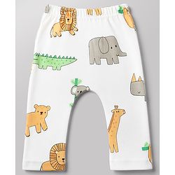 Babyhug Cotton Knit Lull Length Striped Diaper Leggings with Tractor & Elephant Lion Koala Crocodile Print Pack of 3 - Light Orange, White, Light Green