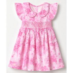 Babyhug Cotton Woven Cap Sleeves Floral Printed Smocked Frock - Pink
