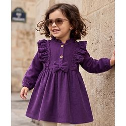 Babyhug Corduroy Woven Solid Frock with Full Sleeves in Purple