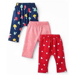 Babyhug Cotton Knit Full Length Diaper Leggings With Heart & Mushroom Print Pack of 3 - Red Pink Navy Blue