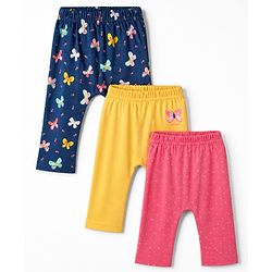 Babyhug Cotton Knit Diaper Leggings With Butterfly Print Pack of 3 in Blue Yellow