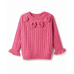 Babyhug Knit Full Sleeves Pullover Sweater With Floral Applique & Cable Knit Design - Pink