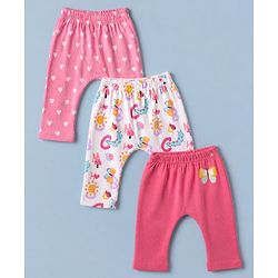 Babyhug Cotton Knit Full Length Diaper Leggings With Butterfly & Heart Print Pack of 3 - Pink