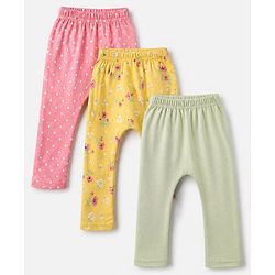 Babyhug Cotton Knit Full Length Diaper Leggings With Floral & Polka Dot Print Pack of 3 in Yellow Pink Green