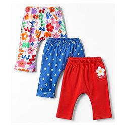 Babyhug Cotton Knit Full Length Diaper Leggings With Polka Dots & Floral Print Pack of 3 - Red & Blue