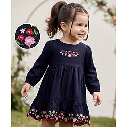 Babyhug Woven Dress with Full Sleeves and Floral Embroidery in Navy Blue