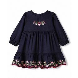 Babyhug Woven Dress with Full Sleeves and Floral Embroidery in Navy Blue