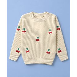 Babyhug Knit Full Sleeves Pullovers With Cherry Embroidery - Lemon