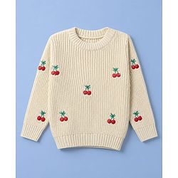 Babyhug Knit Full Sleeves Pullovers With Cherry Embroidery - Lemon