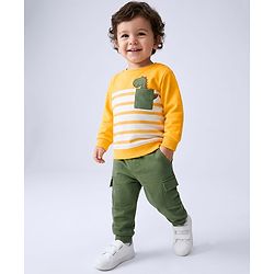 Babyhug 100% Cotton Single Jersey Knit Full Sleeves Striped T-Shirt & Lounge Pant Set with Dino Applique - Yellow