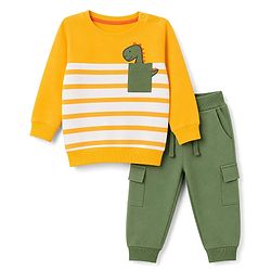 Babyhug 100% Cotton Single Jersey Knit Full Sleeves Striped T-Shirt & Lounge Pant Set with Dino Applique - Yellow
